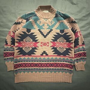 Vintage 80s Woods Gray Sweater Womens S Aztec Geometric Mock Neck Ramie Pullover